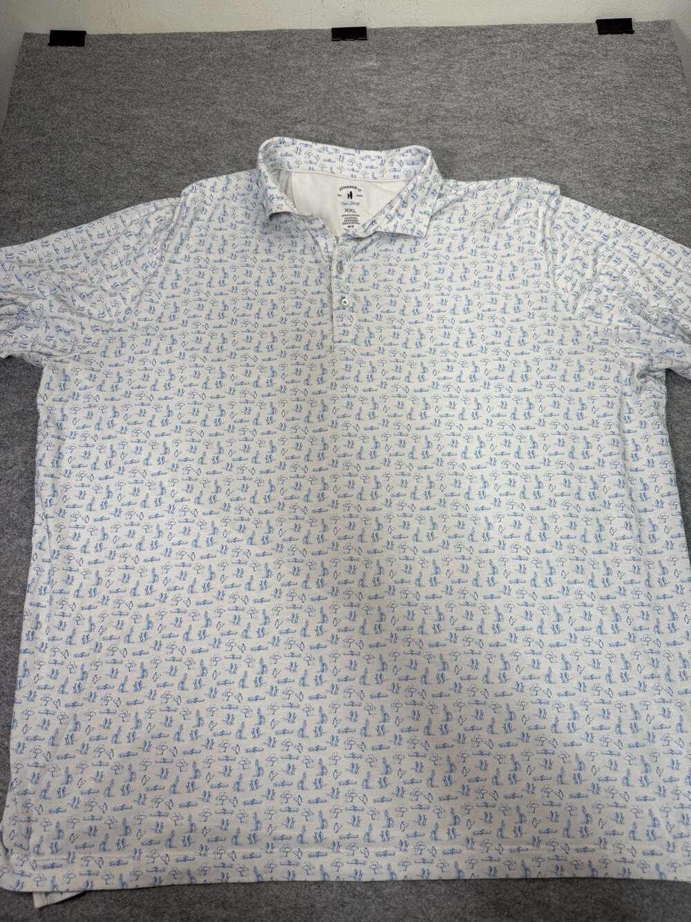 Johnnie-O Top Shelf Performance Polo Men's XXL Surfboard Print White Blue